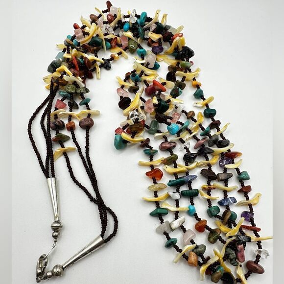 34" Zuni-style fetish, 3-strand, multi-chip stone and seed bead necklace! - Picture 5 of 12